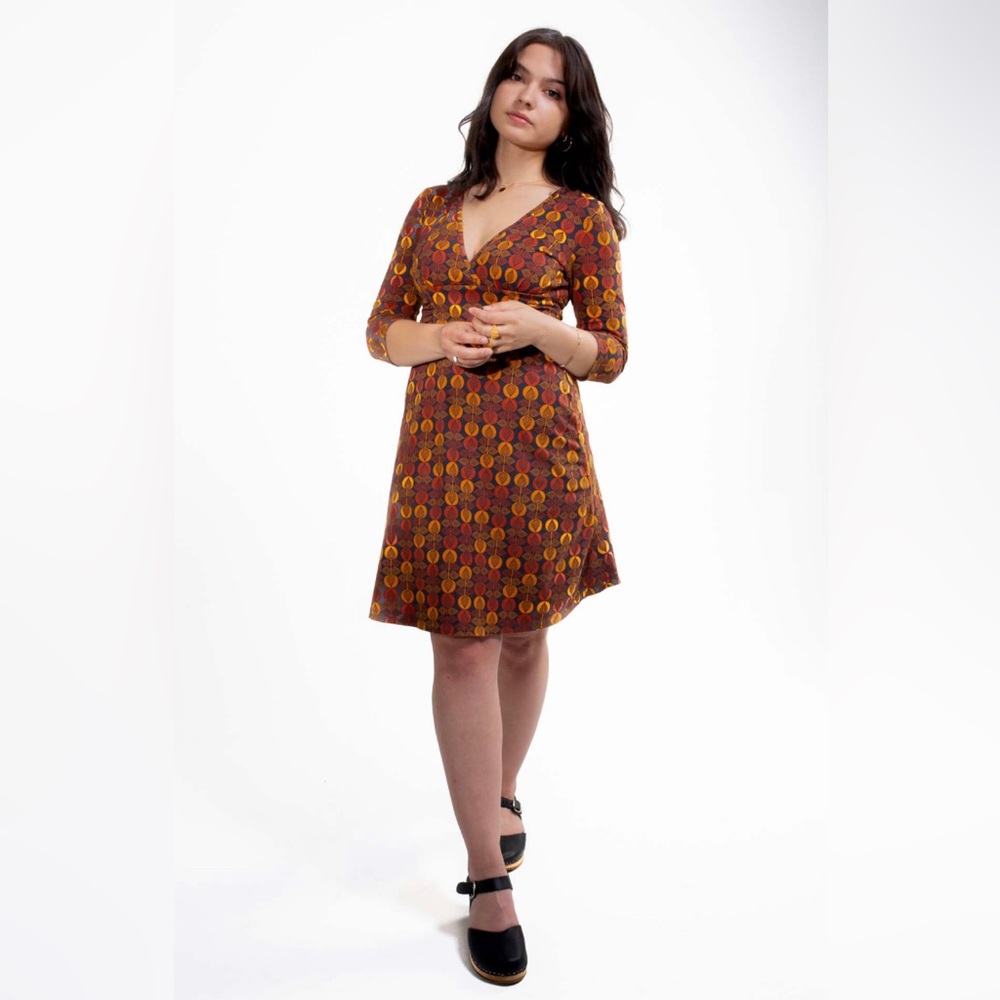 Patagonia 3/4 Sleeved Margot Dress Organic Cotton Bijou Dot Bengal Gold Size M